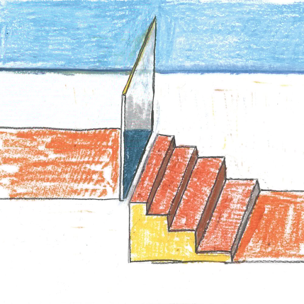 A drawing of a vibrant red and yellow stairs
