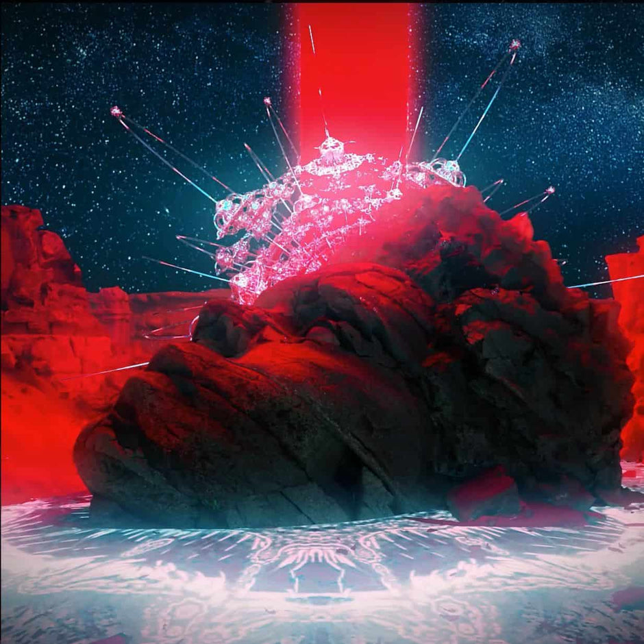 An illuminated, futuristic structure atop a mountain, with red beams and stars in the night sky.