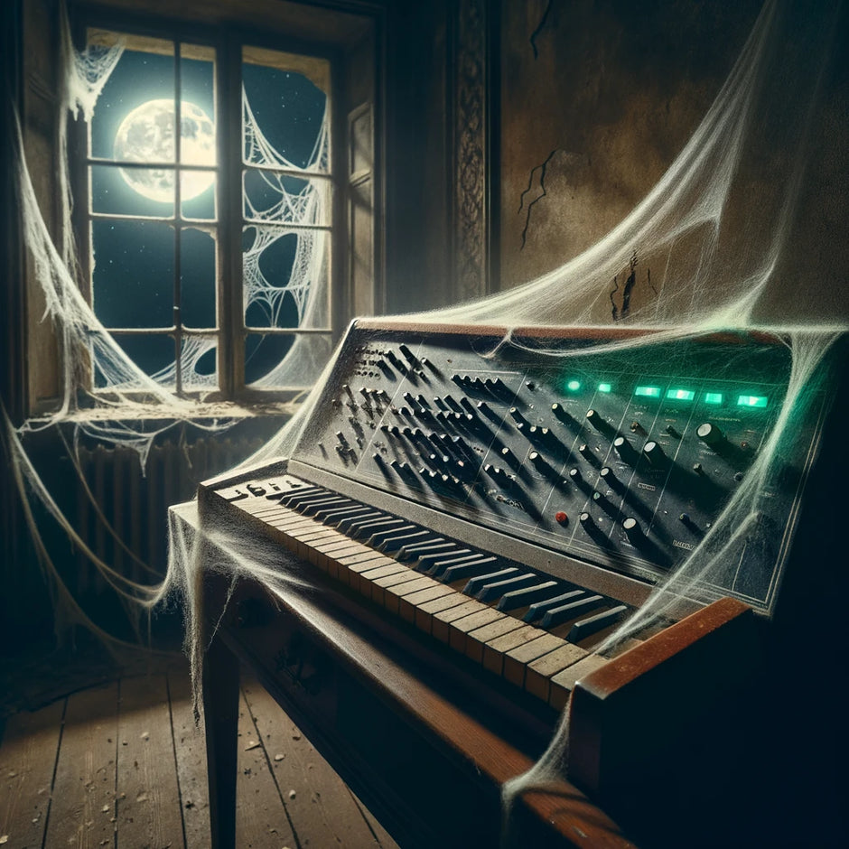 An old synthesizer covered in cobwebs in a dusty room with a full moon visible through the window.