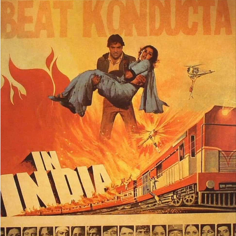 Retro-style poster with text "Beat Konducta In India," a train, explosion graphics, and a dancing couple.