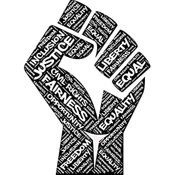 A graphic of a fist composed of words like 'justice', 'equality', and 'freedom', symbolizing civil rights and activism.