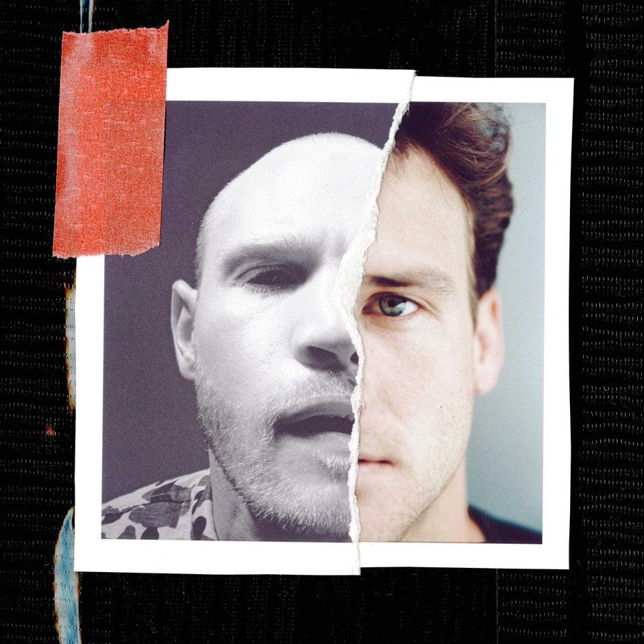A photo collage with a red tape at the top left and a blue tape at the bottom right corners, excluding the central blurred area.