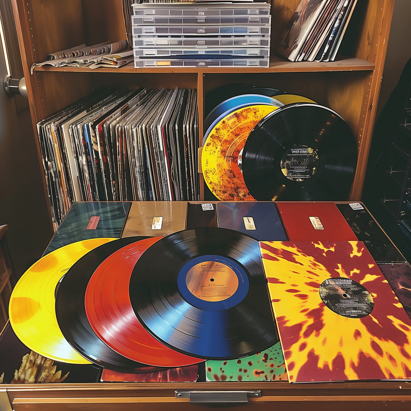 few colourful vinyls spread across a table 