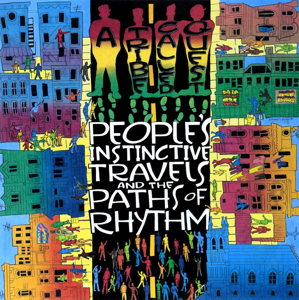 an abstract art of a diverse group of people moving