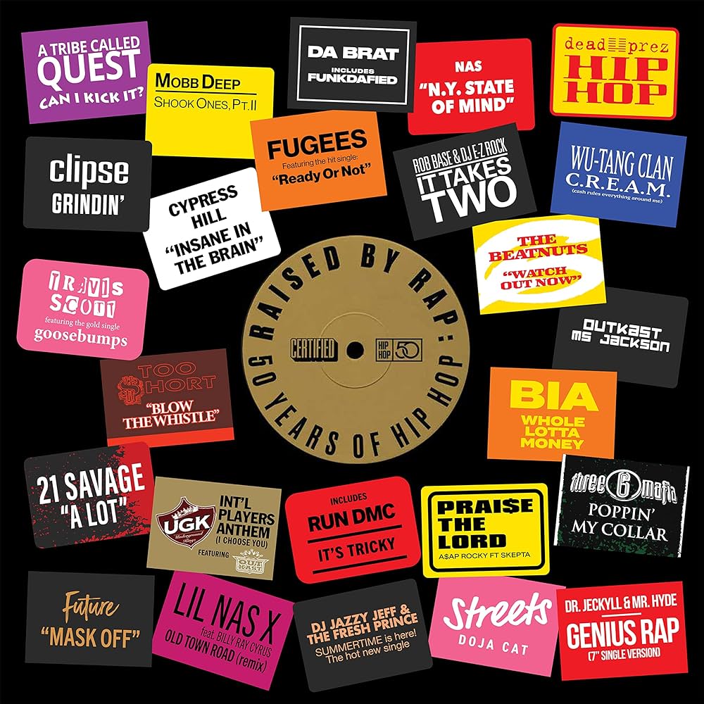 A colourful circular collage of various labels and stickers